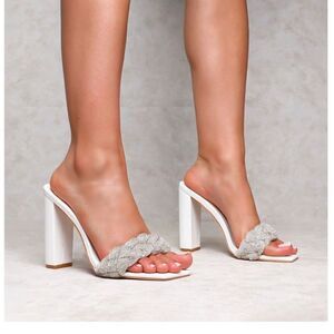 Simmi London Diamanté Rhinestone Block Heel Mule Sandal Bride Shoes White 7